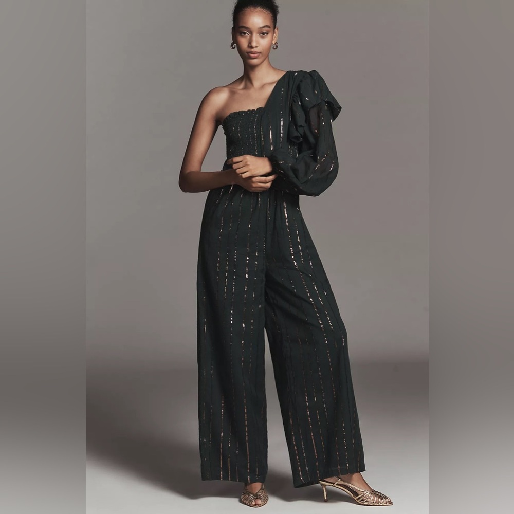 Farm Rio x Anthropologie One-Shoulder Stripe Jumpsuit